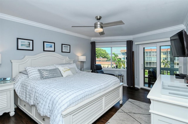 bedroom with ceiling fan, access to outside, dark wood-type flooring, and crown molding