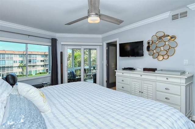 bedroom with access to outside, ceiling fan, and crown molding