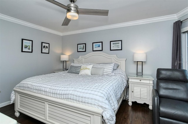 bedroom featuring ceiling fan, dark wood-type flooring, and ornamental molding