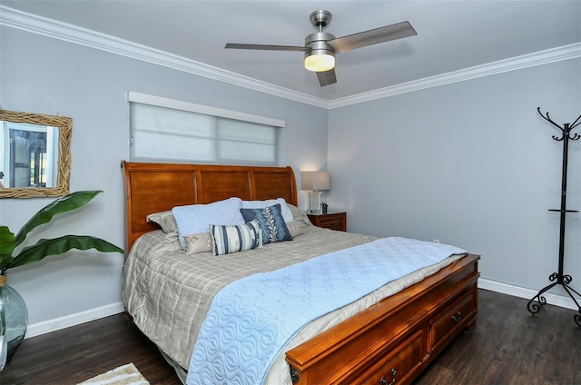 bedroom with dark hardwood / wood-style floors, ornamental molding, and ceiling fan