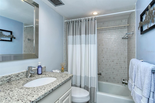 full bathroom with toilet, shower / bathtub combination with curtain, and oversized vanity