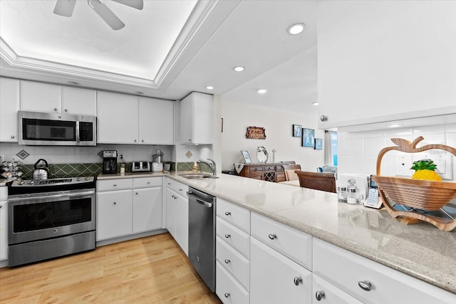 kitchen with ceiling fan, light stone counters, light hardwood / wood-style floors, stainless steel appliances, and tasteful backsplash