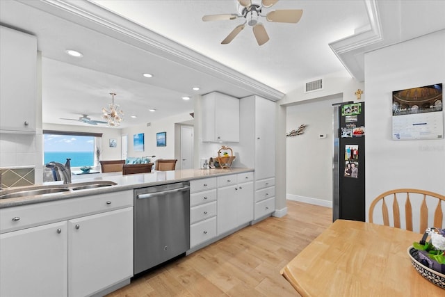 kitchen with sink, dishwasher, ceiling fan with notable chandelier, white cabinetry, and light wood-type flooring