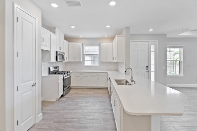 kitchen featuring tasteful backsplash, sink, appliances with stainless steel finishes, and white cabinetry