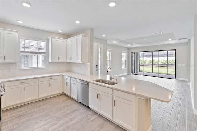 kitchen featuring sink, white cabinets, stainless steel dishwasher, a raised ceiling, and tasteful backsplash