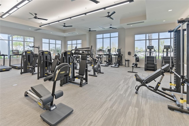 workout area featuring a raised ceiling, ceiling fan, and light colored carpet