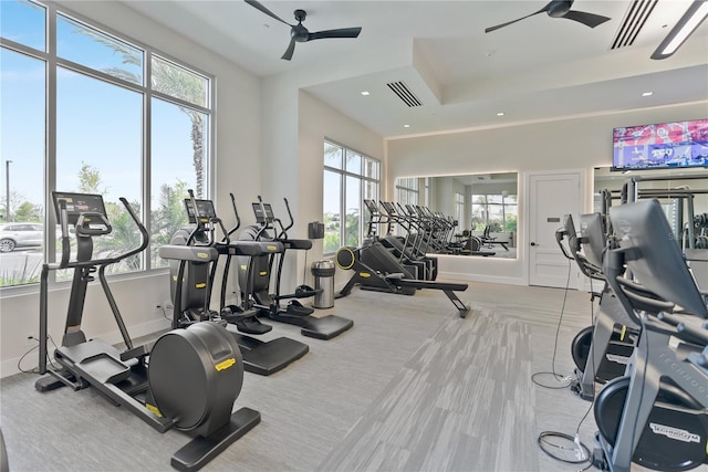 gym with ceiling fan and a wealth of natural light