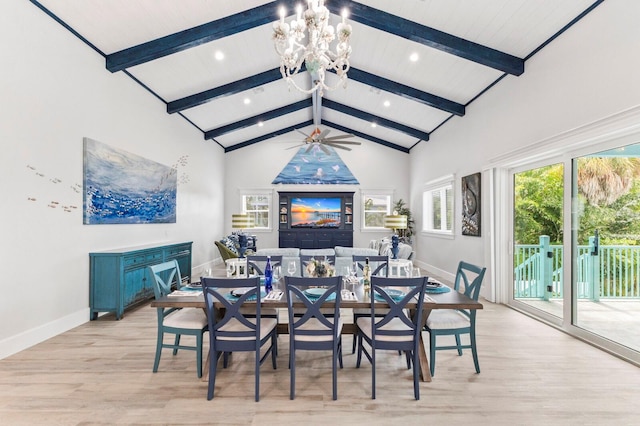 dining area featuring ceiling fan with notable chandelier, light hardwood / wood-style floors, beam ceiling, and high vaulted ceiling