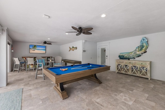 playroom featuring ceiling fan and billiards