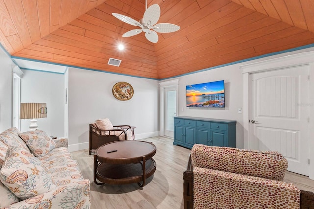 living room featuring lofted ceiling, light hardwood / wood-style floors, ceiling fan, and wooden ceiling