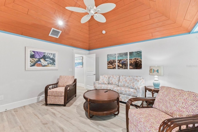 living room featuring wood ceiling, ceiling fan, and light hardwood / wood-style flooring