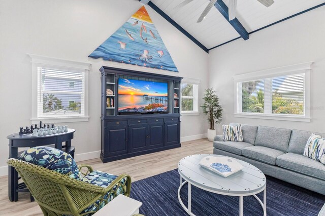 living room with ceiling fan, wood ceiling, beam ceiling, high vaulted ceiling, and light hardwood / wood-style floors