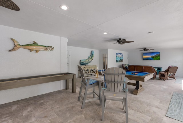 game room featuring ceiling fan and billiards