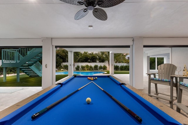 game room featuring ceiling fan, billiards, and plenty of natural light