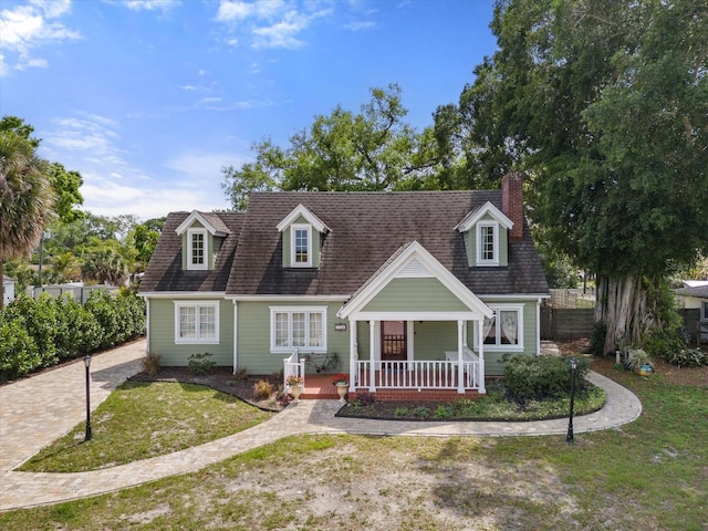 new england style home featuring a porch and a front lawn