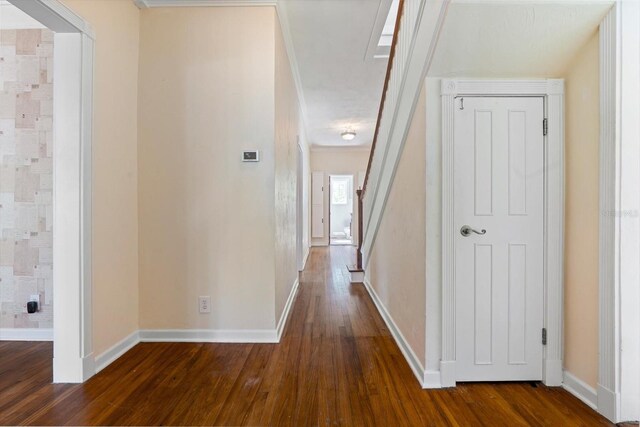 hall featuring dark hardwood / wood-style flooring and ornamental molding