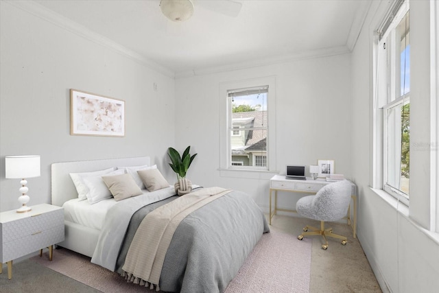 carpeted bedroom featuring ornamental molding