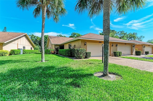 ranch-style house with a front lawn and a garage