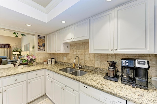 kitchen featuring light tile flooring, sink, white cabinets, white dishwasher, and light stone counters