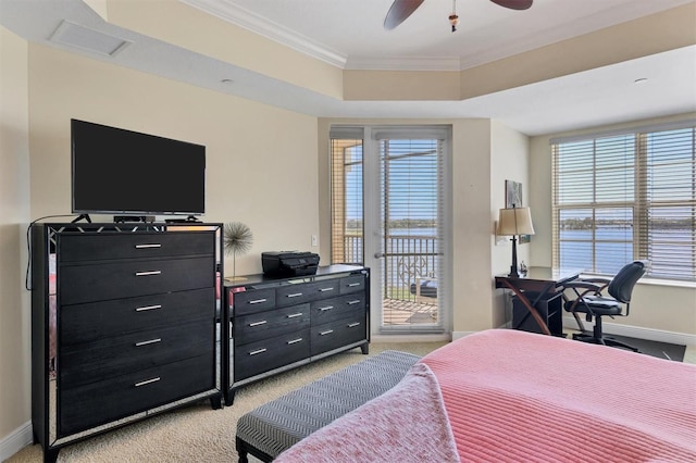 carpeted bedroom with ceiling fan, access to exterior, ornamental molding, and multiple windows