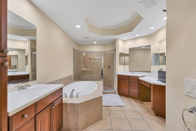 bathroom featuring tile patterned floors, vanity, plus walk in shower, and ornamental molding