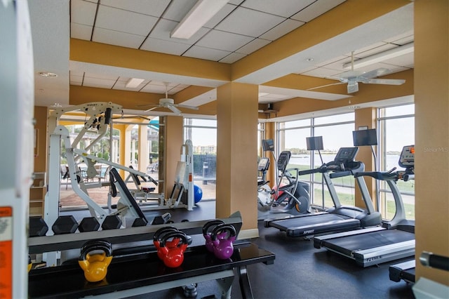 gym featuring ceiling fan, plenty of natural light, and a drop ceiling