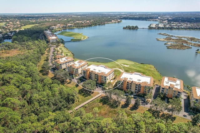 drone / aerial view featuring a water view