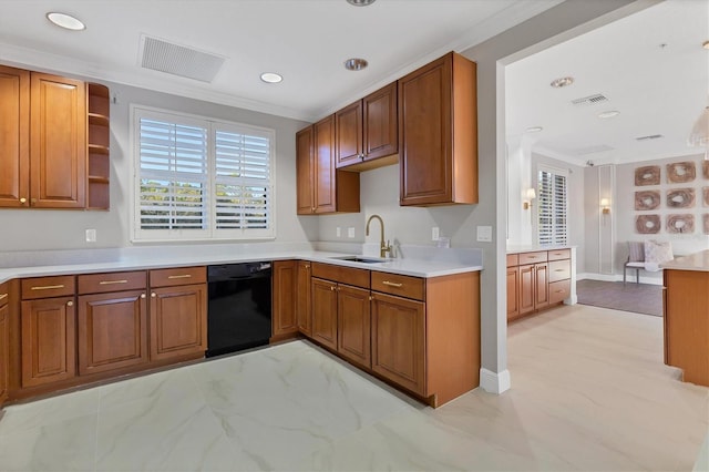 kitchen featuring sink, ornamental molding, and black dishwasher