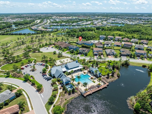 aerial view featuring a water view