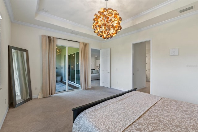 bedroom featuring a raised ceiling, crown molding, a chandelier, access to outside, and light carpet