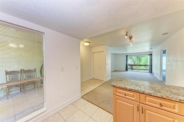 kitchen featuring a textured ceiling, rail lighting, light stone counters, and light colored carpet