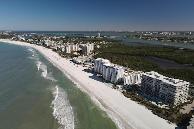 aerial view with a view of the beach and a water view