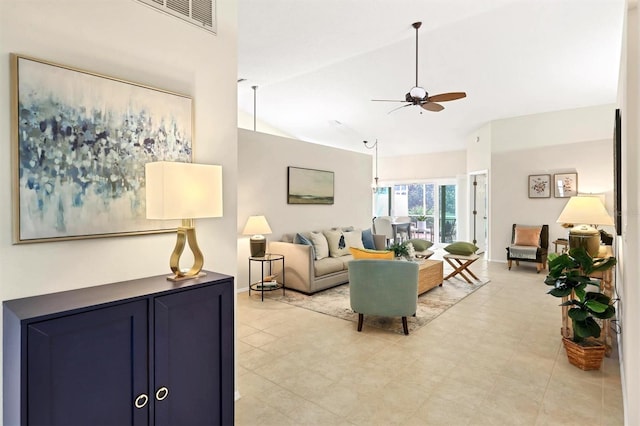 living room with vaulted ceiling and ceiling fan