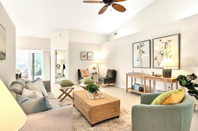 living room with ceiling fan and lofted ceiling