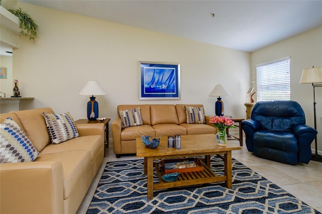 living room featuring light tile flooring