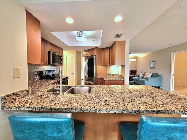 kitchen featuring kitchen peninsula, a tray ceiling, stone countertops, a breakfast bar, and stainless steel appliances