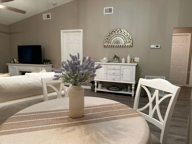 living room with high vaulted ceiling, ceiling fan, dark wood-type flooring, and a textured ceiling