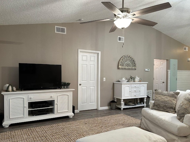 living room with a textured ceiling, ceiling fan, high vaulted ceiling, and dark hardwood / wood-style flooring