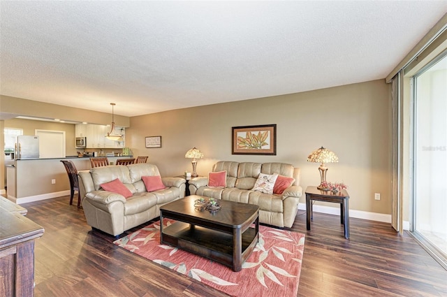 living room featuring a textured ceiling and dark hardwood / wood-style flooring