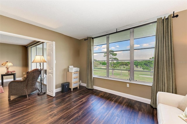 living area with a textured ceiling and dark hardwood / wood-style floors