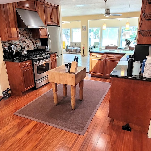 kitchen with wall chimney range hood, ceiling fan, appliances with stainless steel finishes, backsplash, and light wood-type flooring