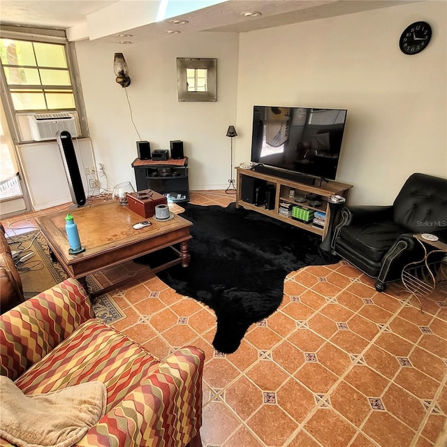 living room featuring tile flooring and beam ceiling