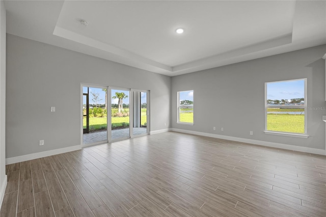 unfurnished room with light wood-type flooring, a tray ceiling, and a wealth of natural light