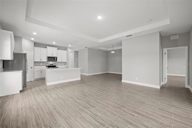 kitchen with an island with sink, white cabinetry, a tray ceiling, and stainless steel appliances