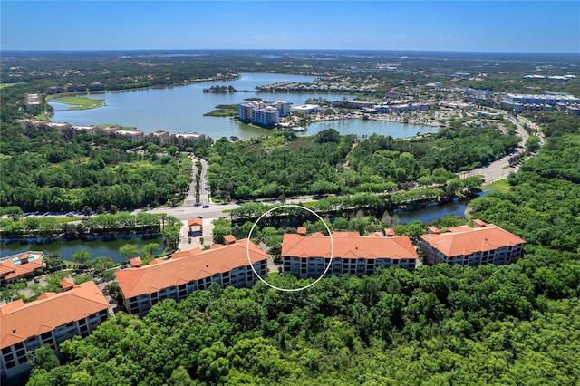 aerial view featuring a water view