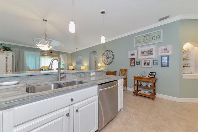 kitchen featuring light tile floors, white cabinetry, hanging light fixtures, dishwasher, and sink