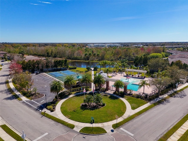 drone / aerial view with a water view