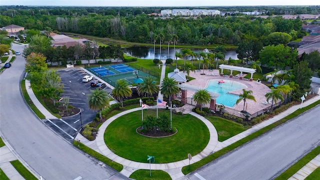 bird's eye view with a water view