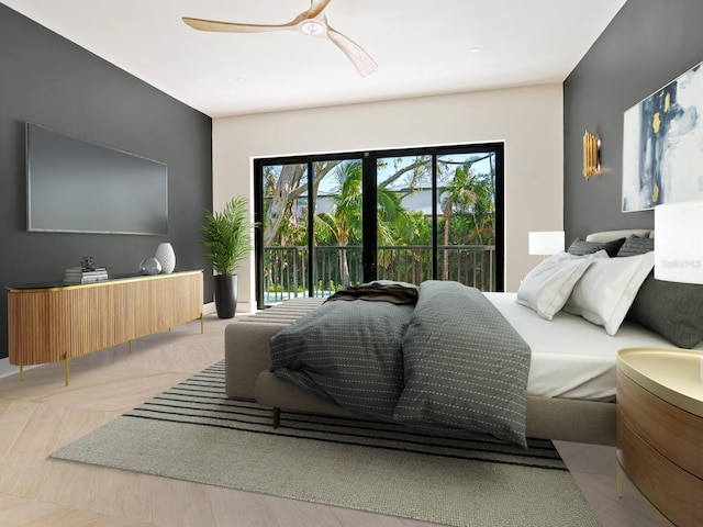 bedroom with ceiling fan and access to exterior