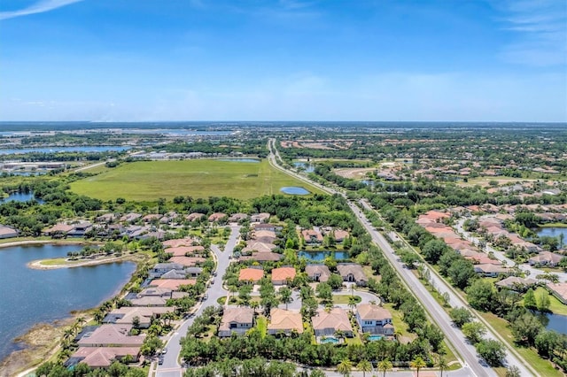 bird's eye view with a water view